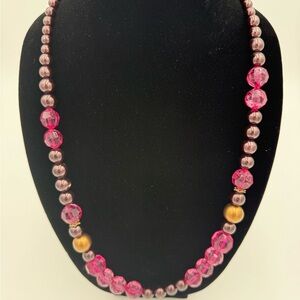 Vintage Long Pink and Gold Beaded Necklace With Silver-Tone Accents
